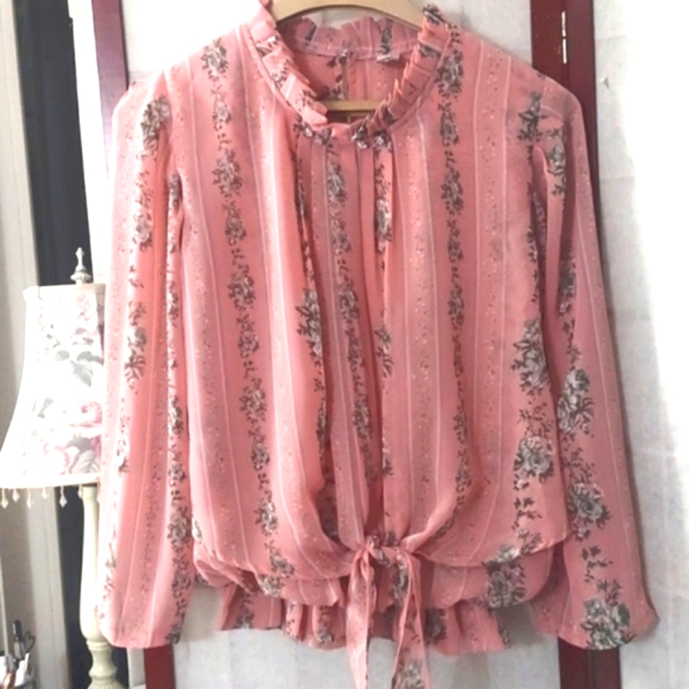 Jeweled Pink Button Semi-Sheer Embellished Ruffle Tie Blouse Sz L